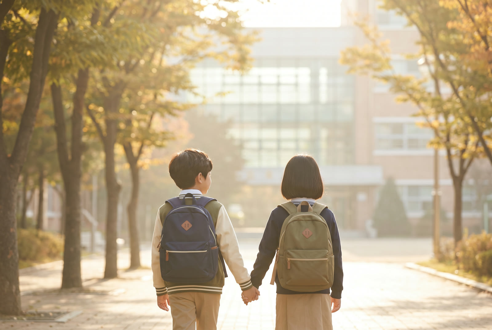 가로수 길을 따라 등교하는 아이들의 뒷모습 (이미지컷)